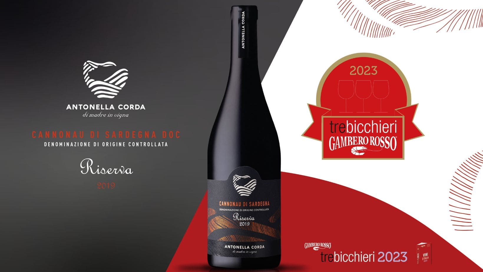 Il Cannonau di Sardegna DOC Riserva 2019 premiato con i “3 Bicchieri” del Gambero Rosso.